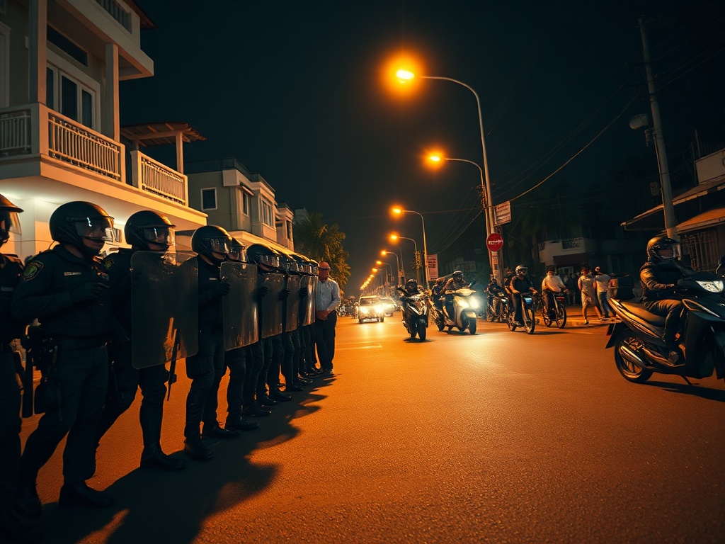 Maldives police in riot gear managing or clashing with protesters at night