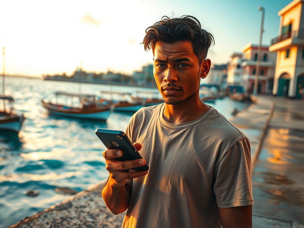 Maldivian youth scroll through screens as harbor lights fade