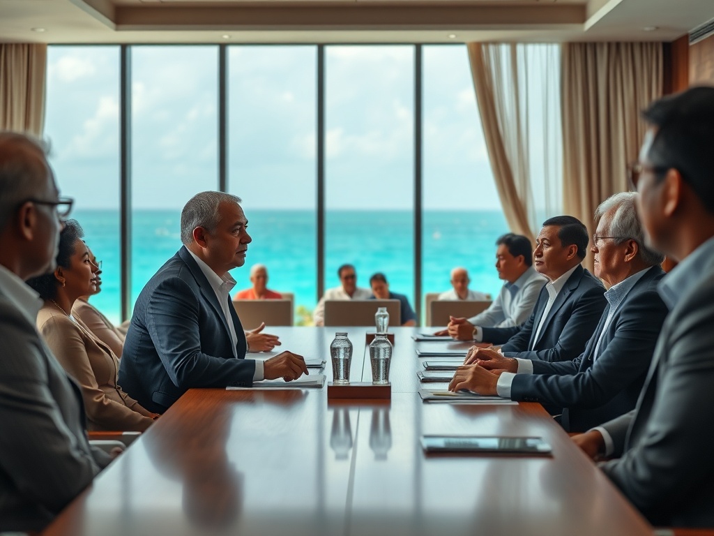 Foreign Minister Speaks as Commonwealth Flags Fill the Conference Room